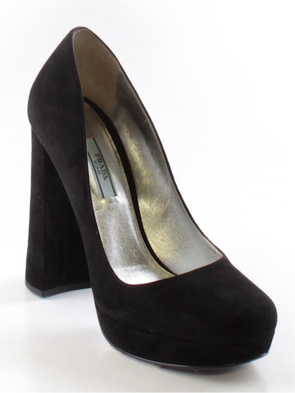 Prada Black Suede Hidden Platform Block Heel Round Toe Pumps Italy Size 37